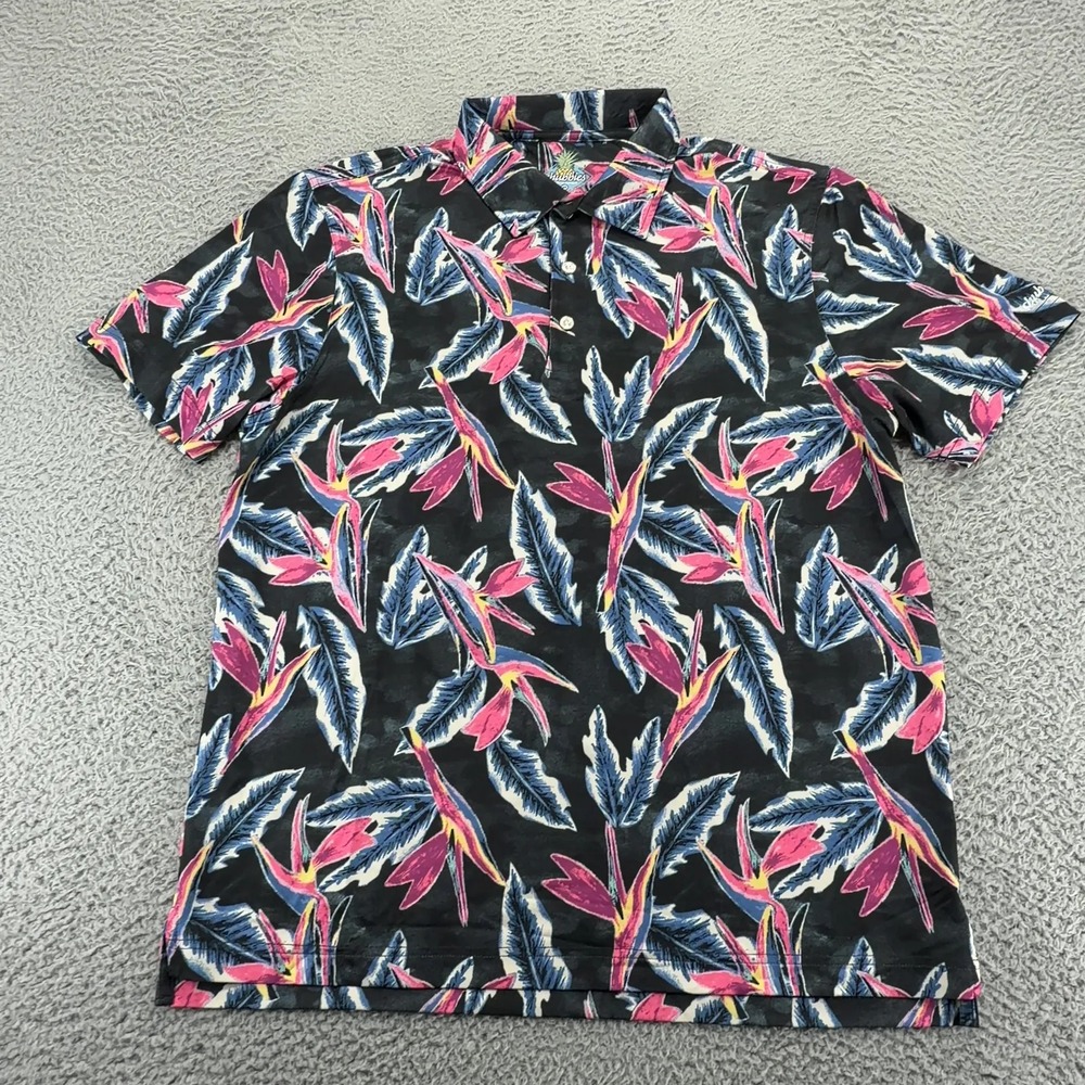 Chubbies Polo Shirt Mens M Black Pink Bird of Paradise Floral Tropical Golf